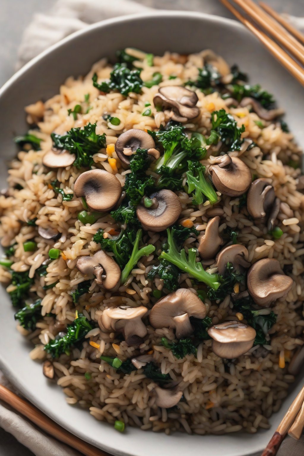 A high-resolution photo of mushroom fried rice with kale under soft lighting.