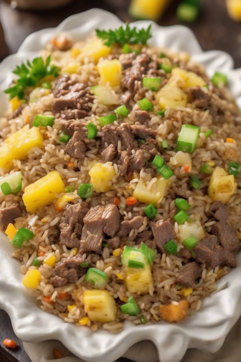 A high-resolution photo of pineapple beef fried rice under soft lighting.