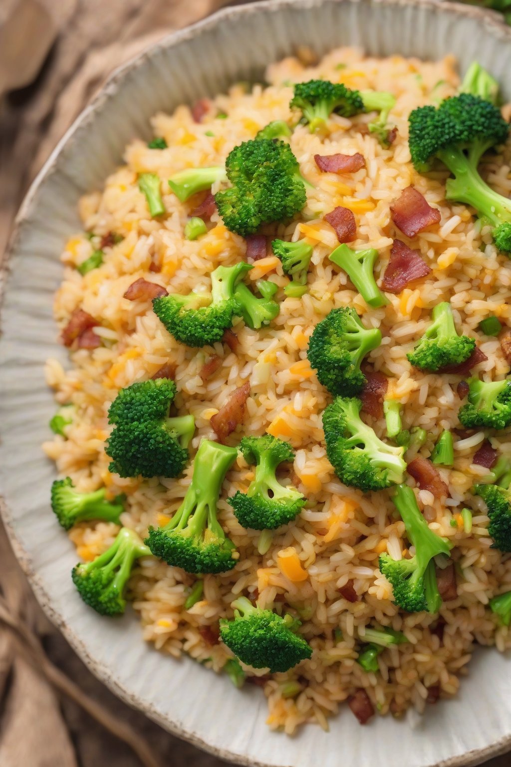 A high-resolution photo of cheesy bacon fried rice with broccoli under soft lighting.