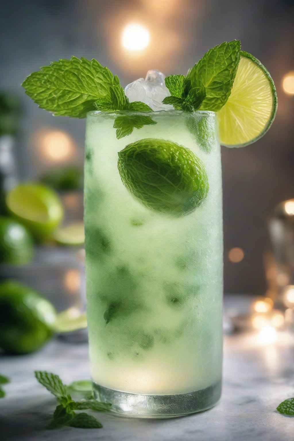 A close-up photo of a frosty glass of Virgin Mojito Magic garnished with mint sprigs and lime wheels under soft lighting.