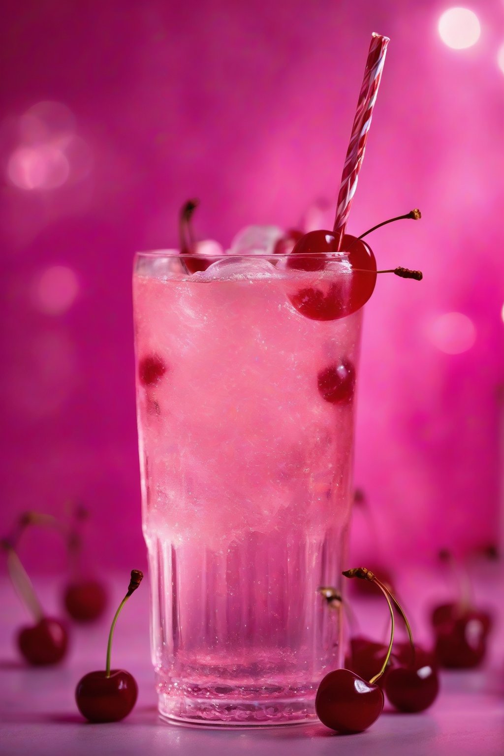 A close-up photo of a bubbly Shirley Temple Sparkler with cherries and a pink swirl under soft lighting.