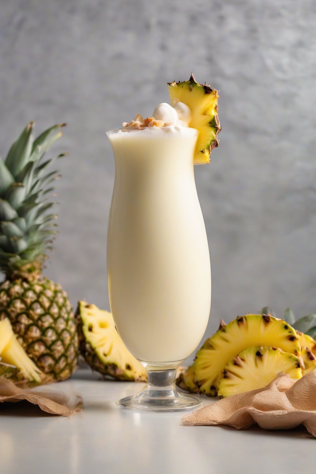 A close-up photo of a creamy Piña Colada Paradise topped with pineapple under soft lighting.