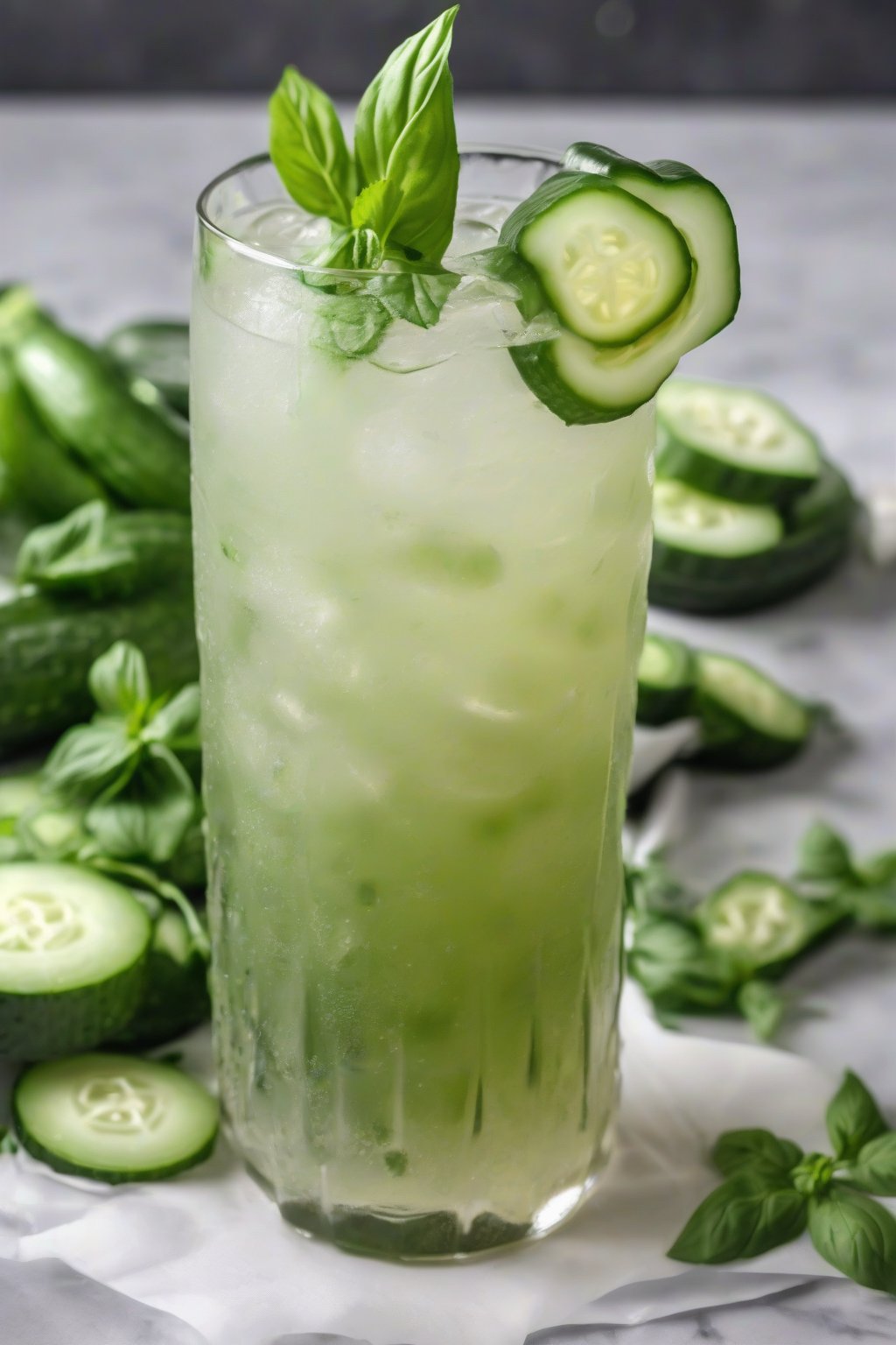 A close-up photo of a tall glass of Cucumber Cooler Crush with cucumber slices and basil under soft lighting.