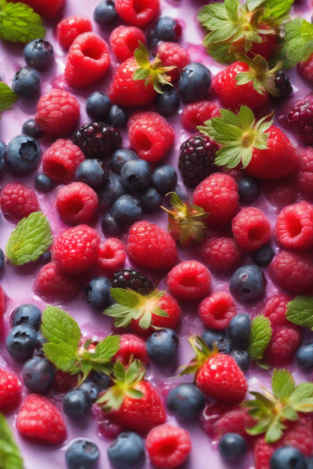 A close-up photo of a vibrant Berry Blast Fizz overflowing with fresh berries under soft lighting.