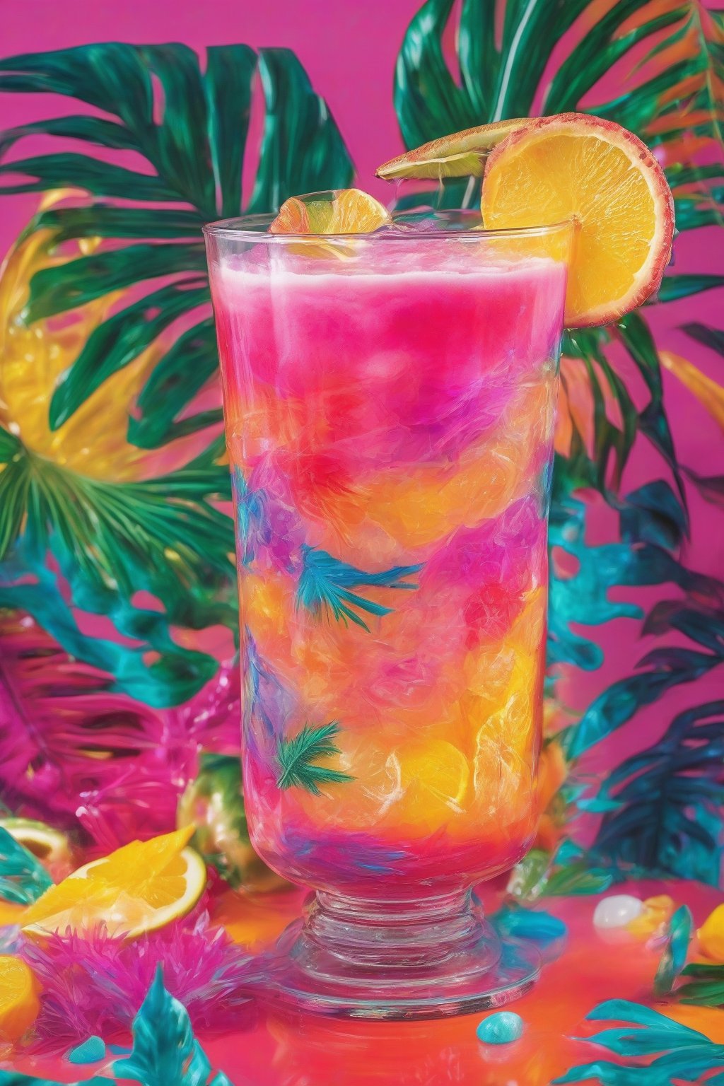 A close-up photo of a colorful Tropical Punch Dream in a hurricane glass under soft lighting.