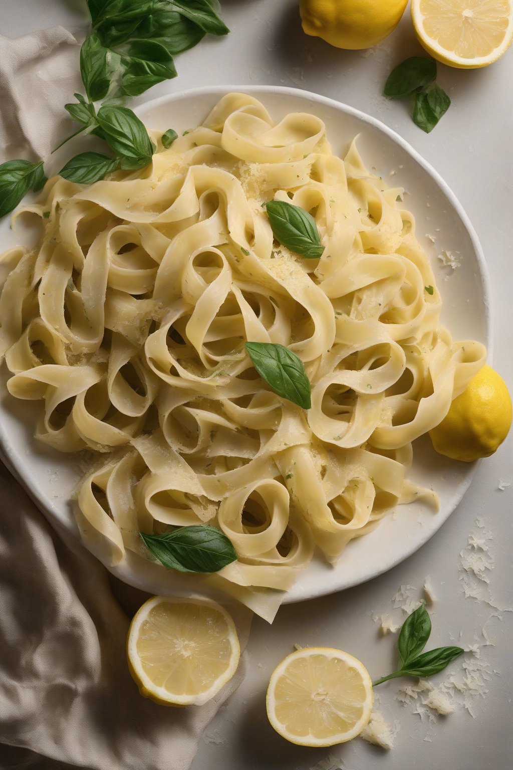 A high-resolution photo of twirled lemon pasta with parmesan shavings under soft lighting.