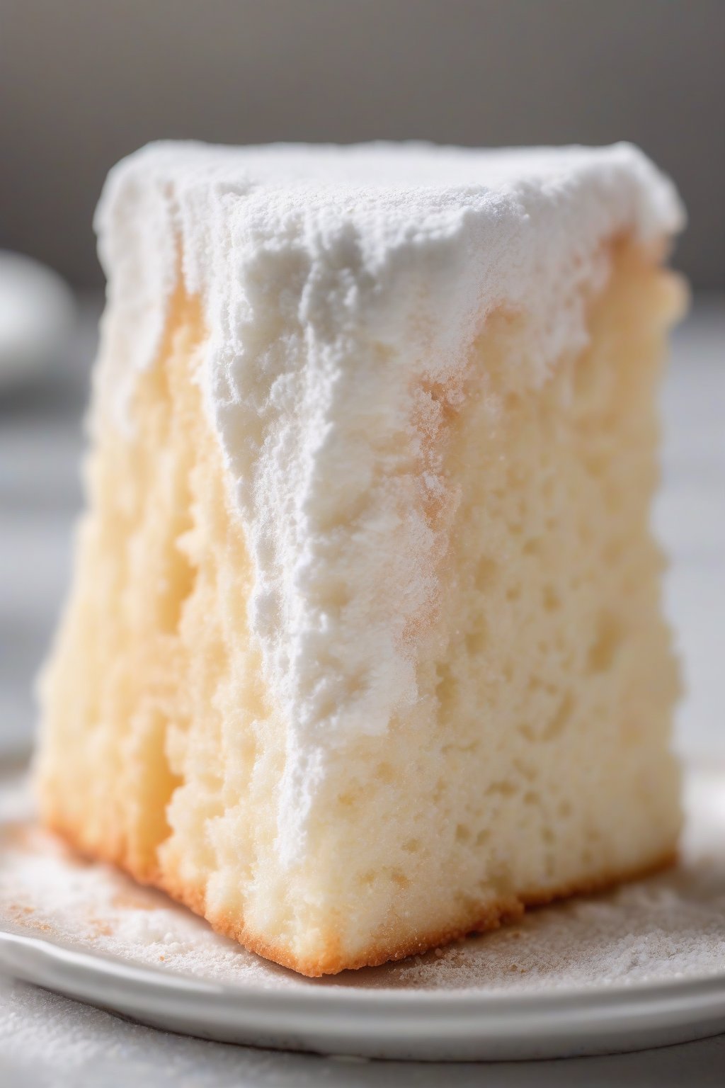 A high-resolution close-up photo of tall angel food cake slice, airy texture with powdered sugar, under soft lighting.
