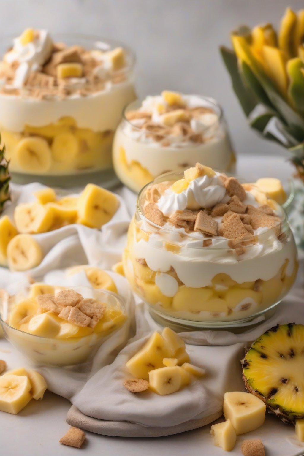 A close-up photo of tropical banana pudding with pineapple chunks and cookie layers under soft lighting.