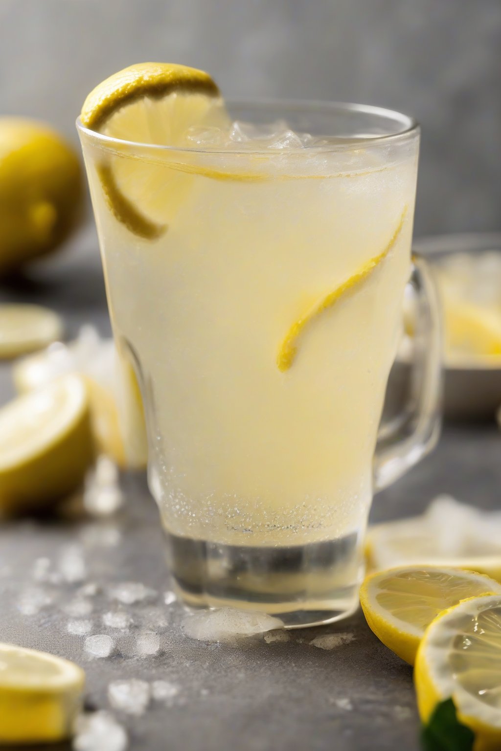 A close-up photo of a fizzy Ginger Lemon Zinger with lemon slices and ginger bits under soft lighting.