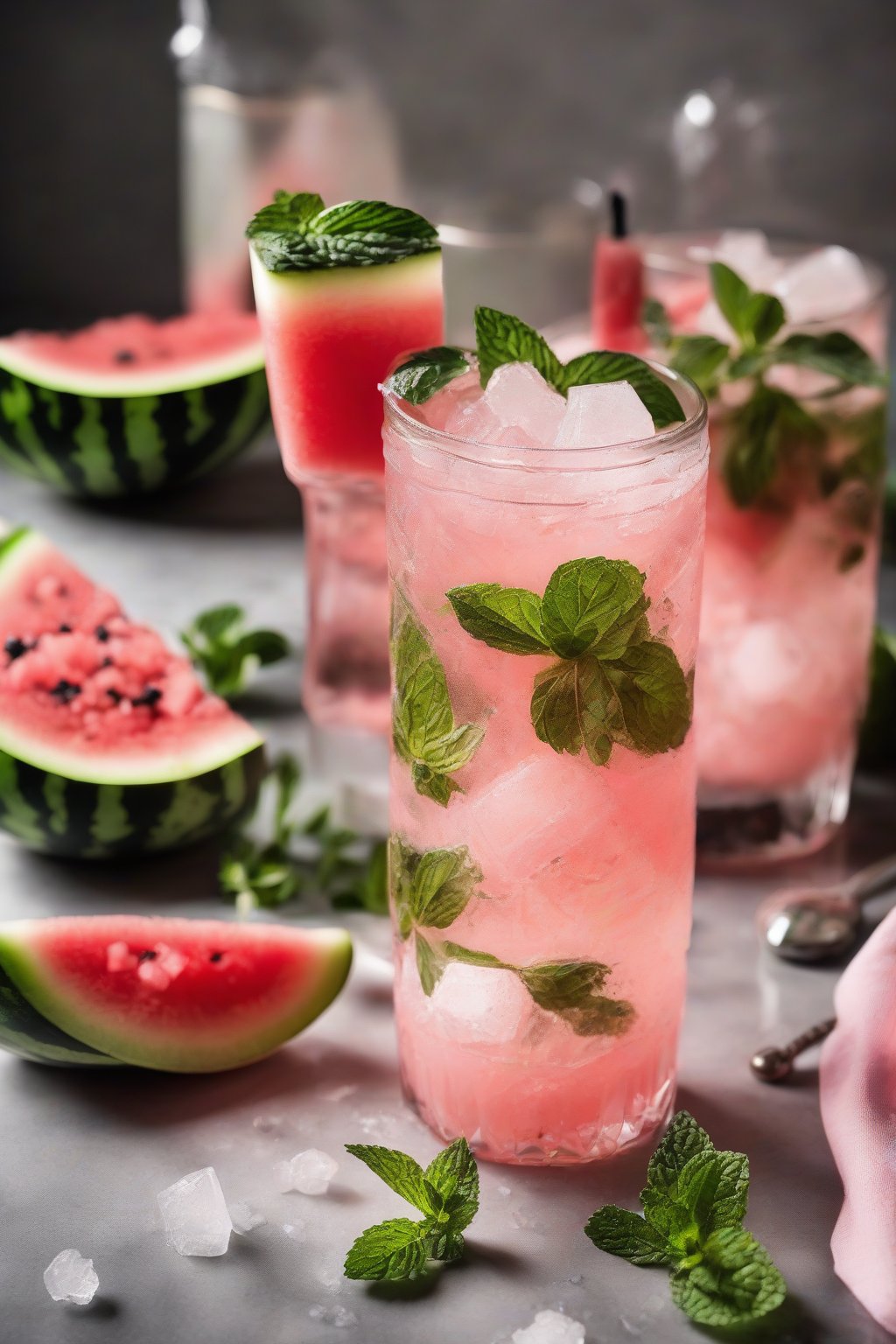 A close-up photo of a pink Watermelon Mint Smash with crushed ice and mint under soft lighting.