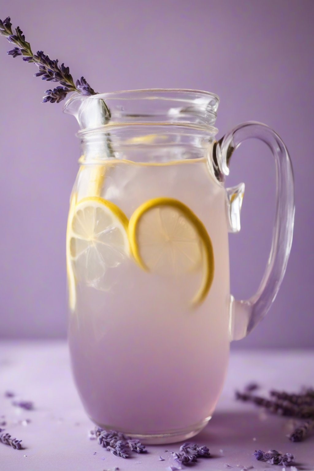 A close-up photo of a pale purple Lavender Lemonade Bliss in a pitcher glass under soft lighting.