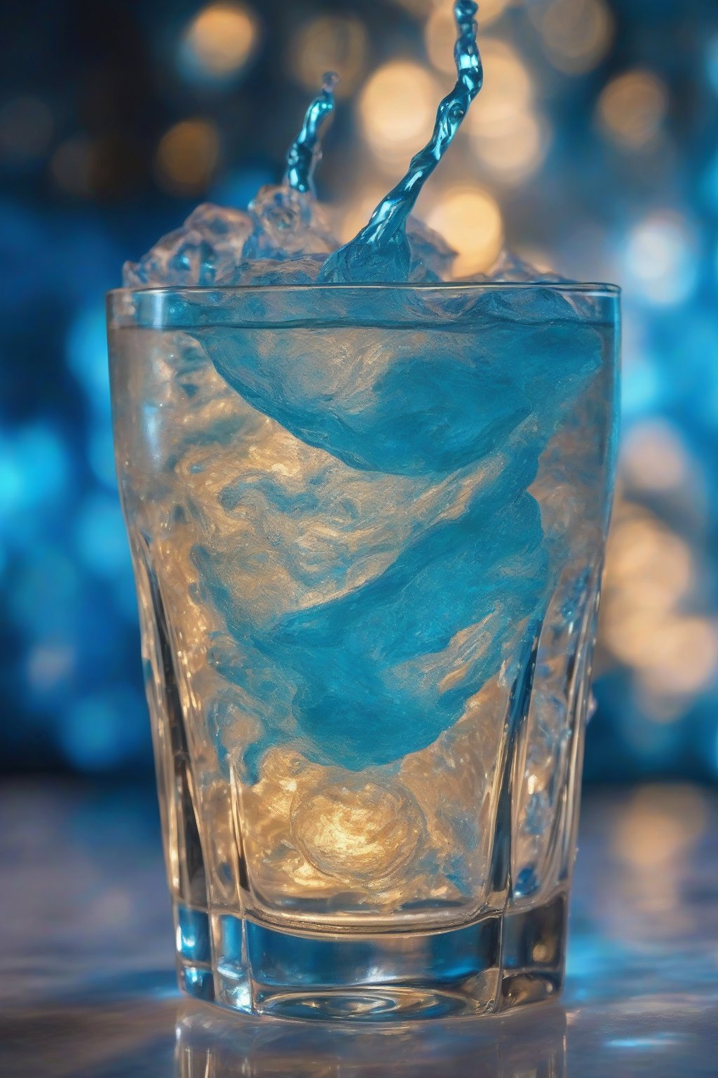 A close-up photo of a bright blue Blue Lagoon Dreamer fizzing in a highball glass under soft lighting.