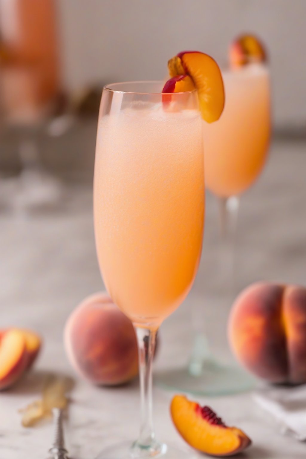 A close-up photo of a fizzy Peach Bellini Mocktail with peach slices under soft lighting.