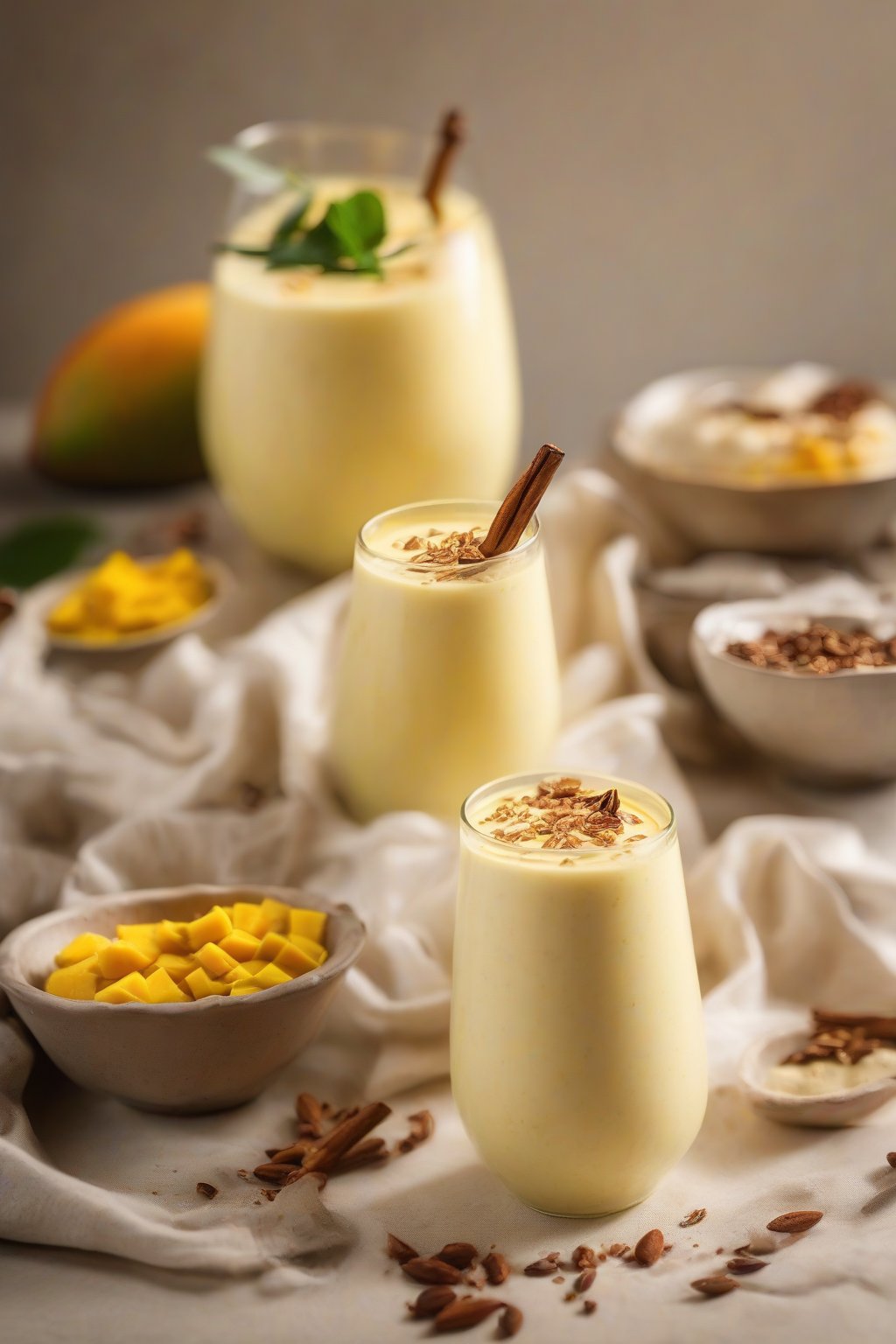A close-up photo of a creamy Mango Lassi Twist sprinkled with cardamom under soft lighting.