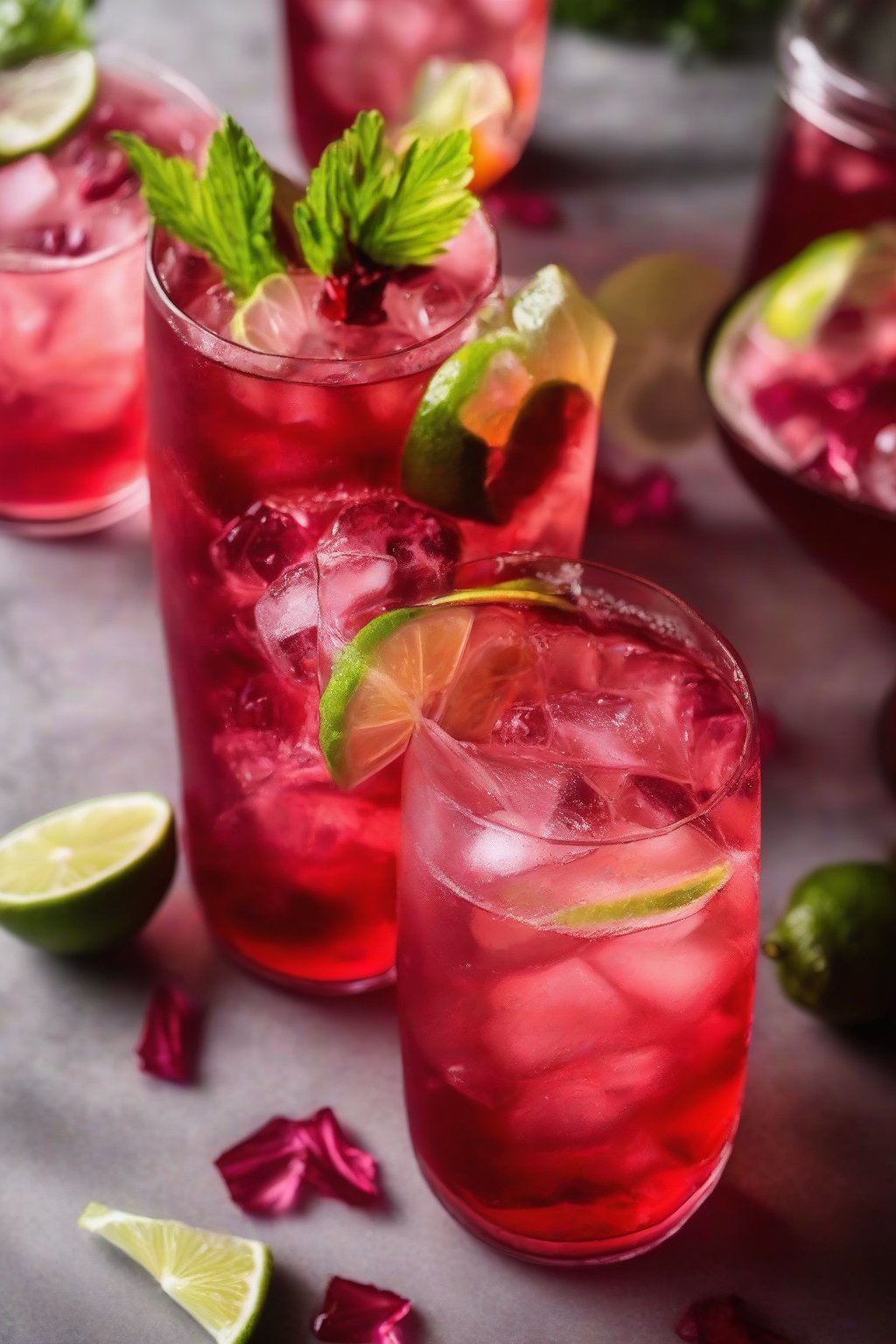 A close-up photo of a ruby-red Hibiscus Iced Tea Spritzer with lime wedge under soft lighting.