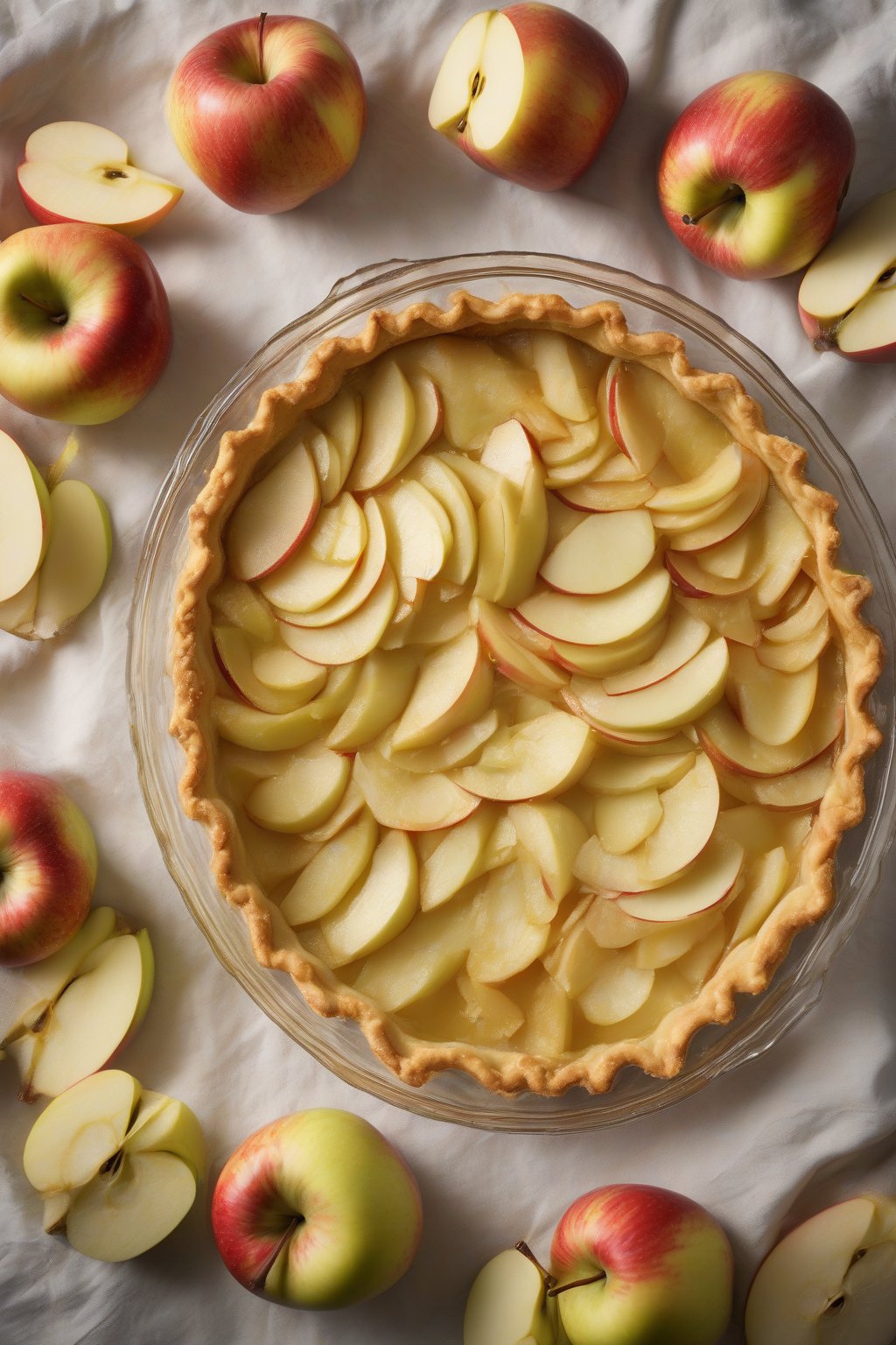 A high-resolution photo of a golden, flaky all-butter pie crust in a glass dish, filled with sliced apples, under soft lighting.