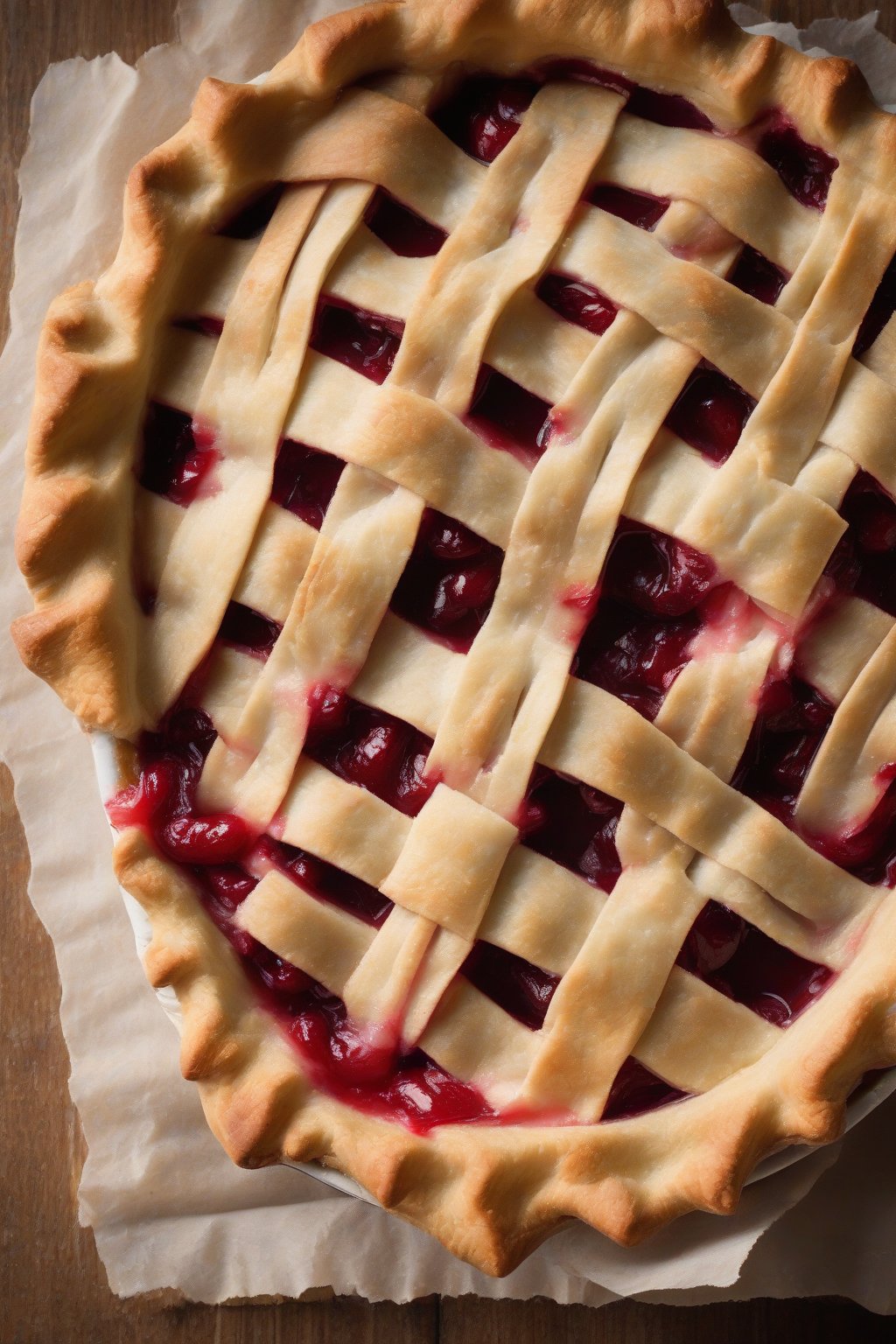 A high-resolution photo of a tall, flaky shortening pie crust with lattice top over cherry filling, under soft lighting.