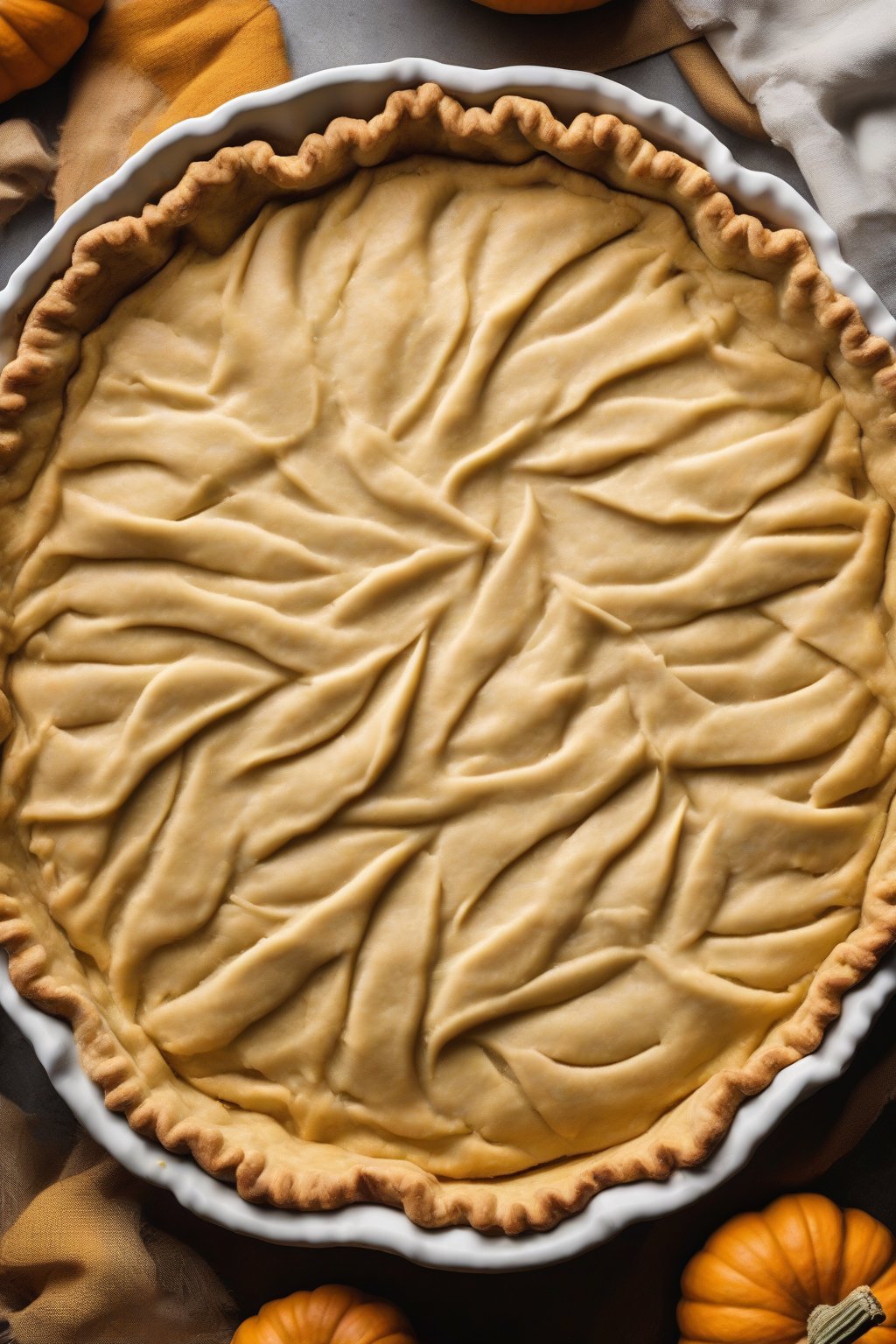 A high-resolution photo of a tender vodka pie crust holding creamy pumpkin filling, edges crimped perfectly, under soft lighting.
