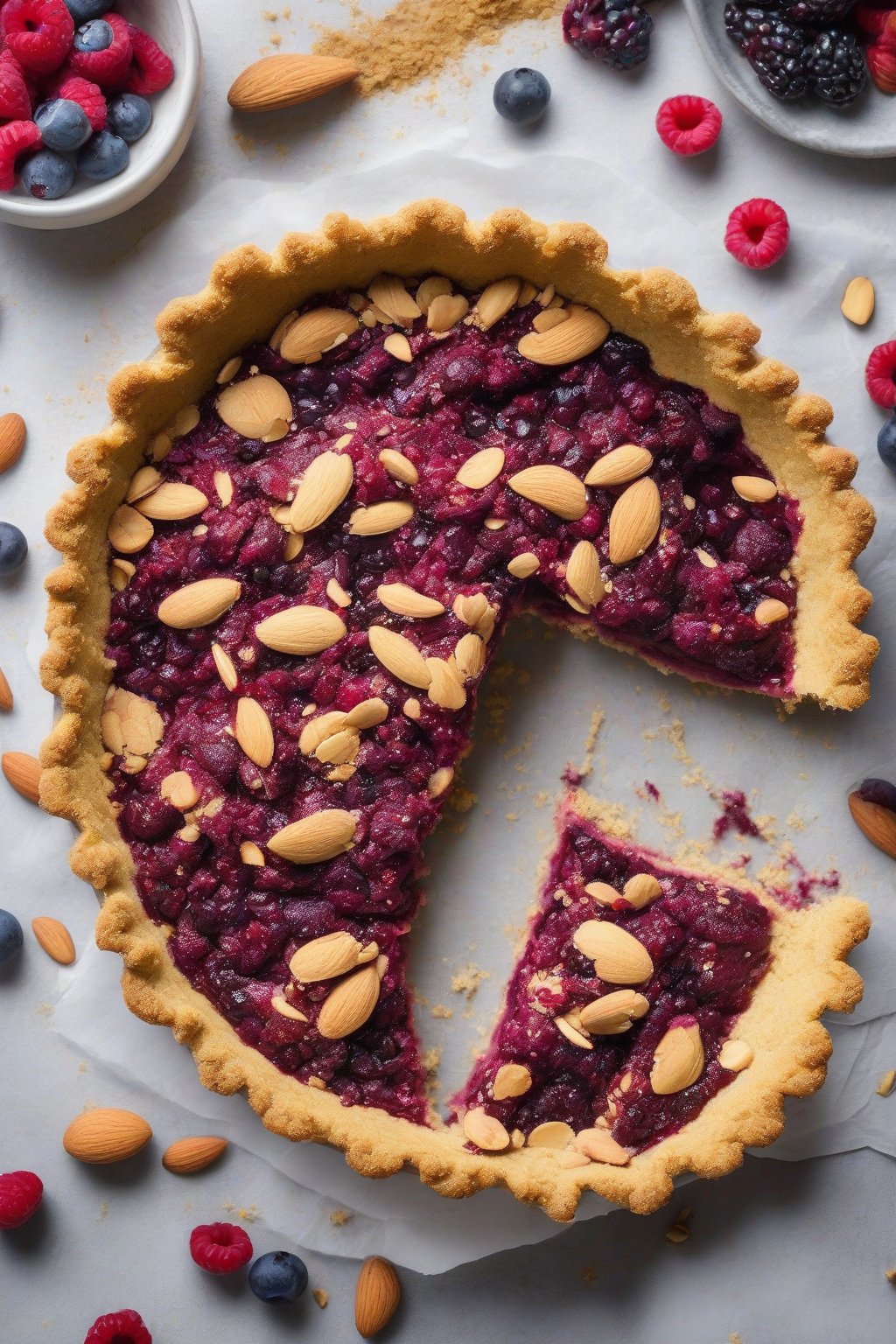A high-resolution photo of a golden gluten-free almond flour crust with berry filling, crumbly edges visible, under soft lighting.