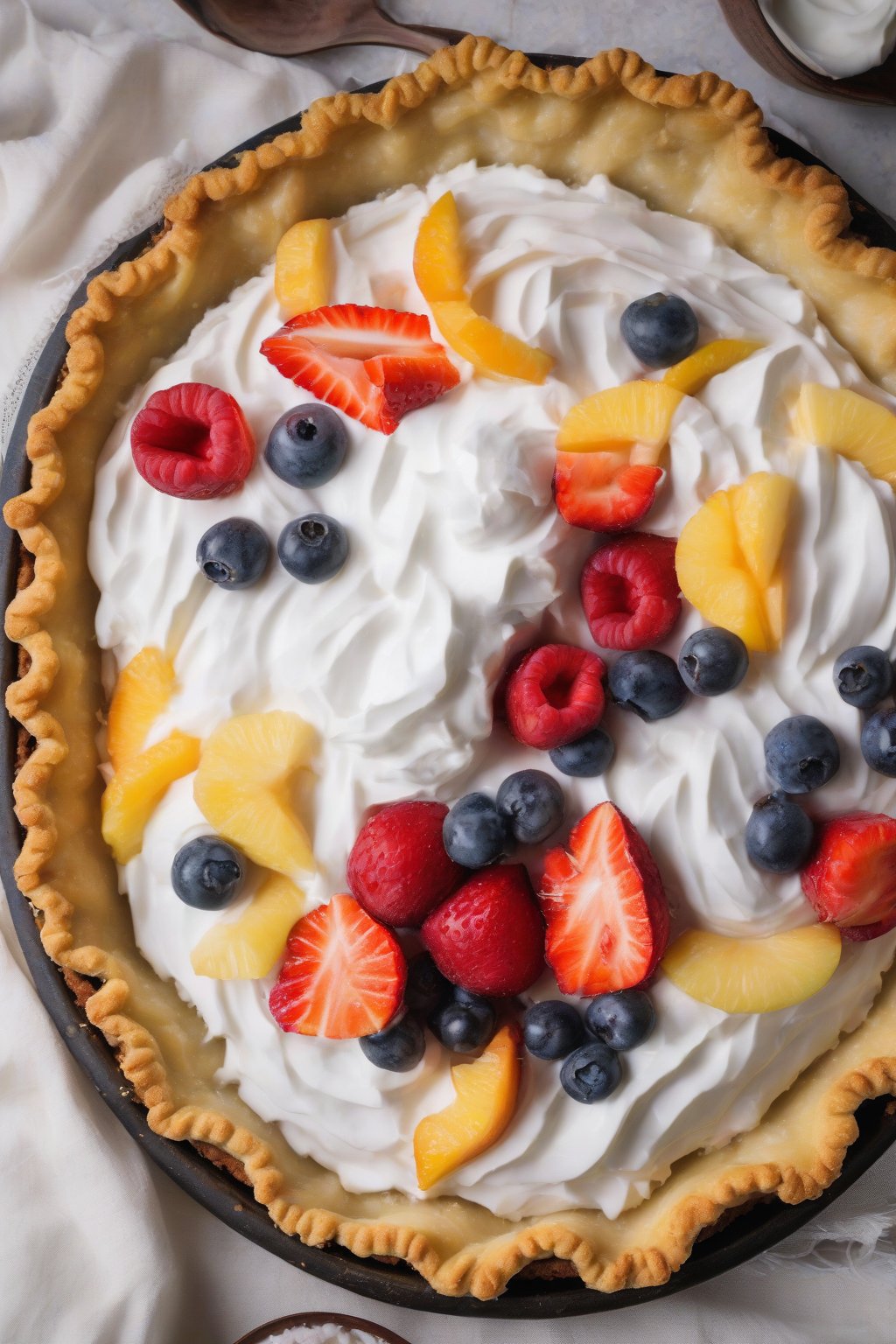A high-resolution photo of a vegan coconut oil pie crust topped with coconut cream and fruit, flaky layers shown, under soft lighting.