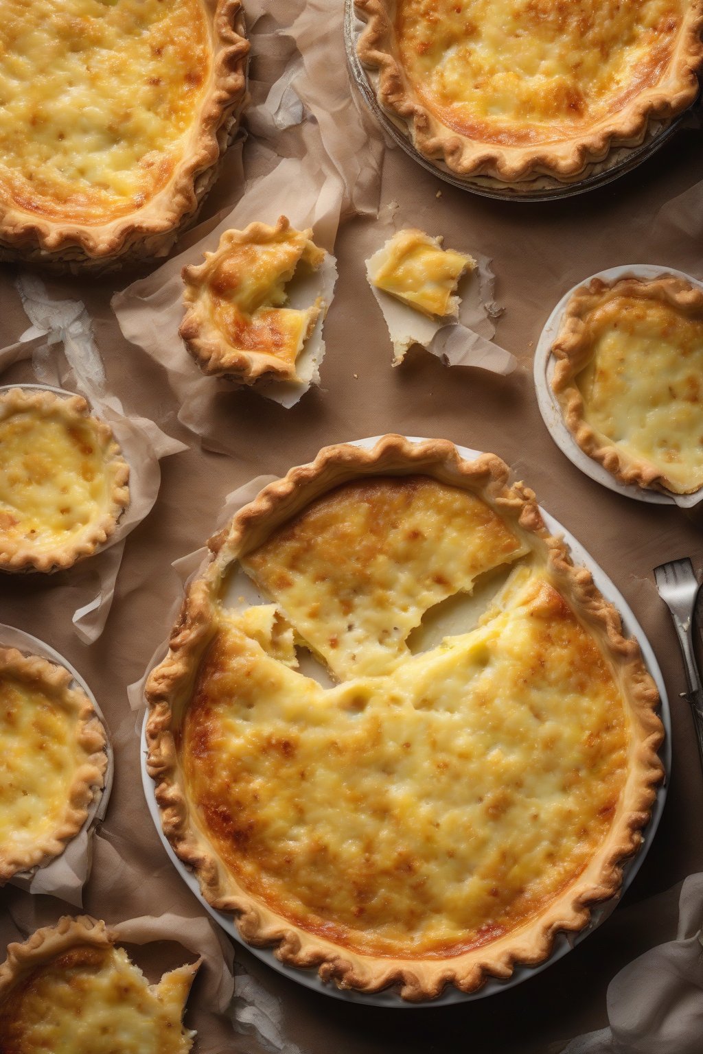A high-resolution photo of a cheese-flecked pie crust filled with quiche Lorraine, bubbly edges, under soft lighting.