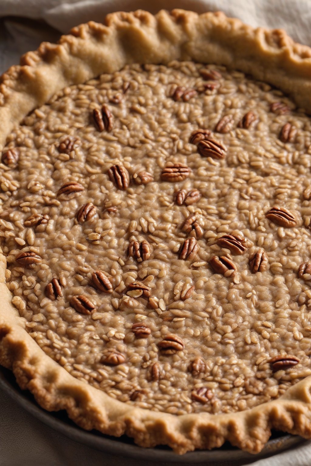 A high-resolution photo of an oatmeal pie crust with pecan filling, oats visible in the crumbly texture, under soft lighting.