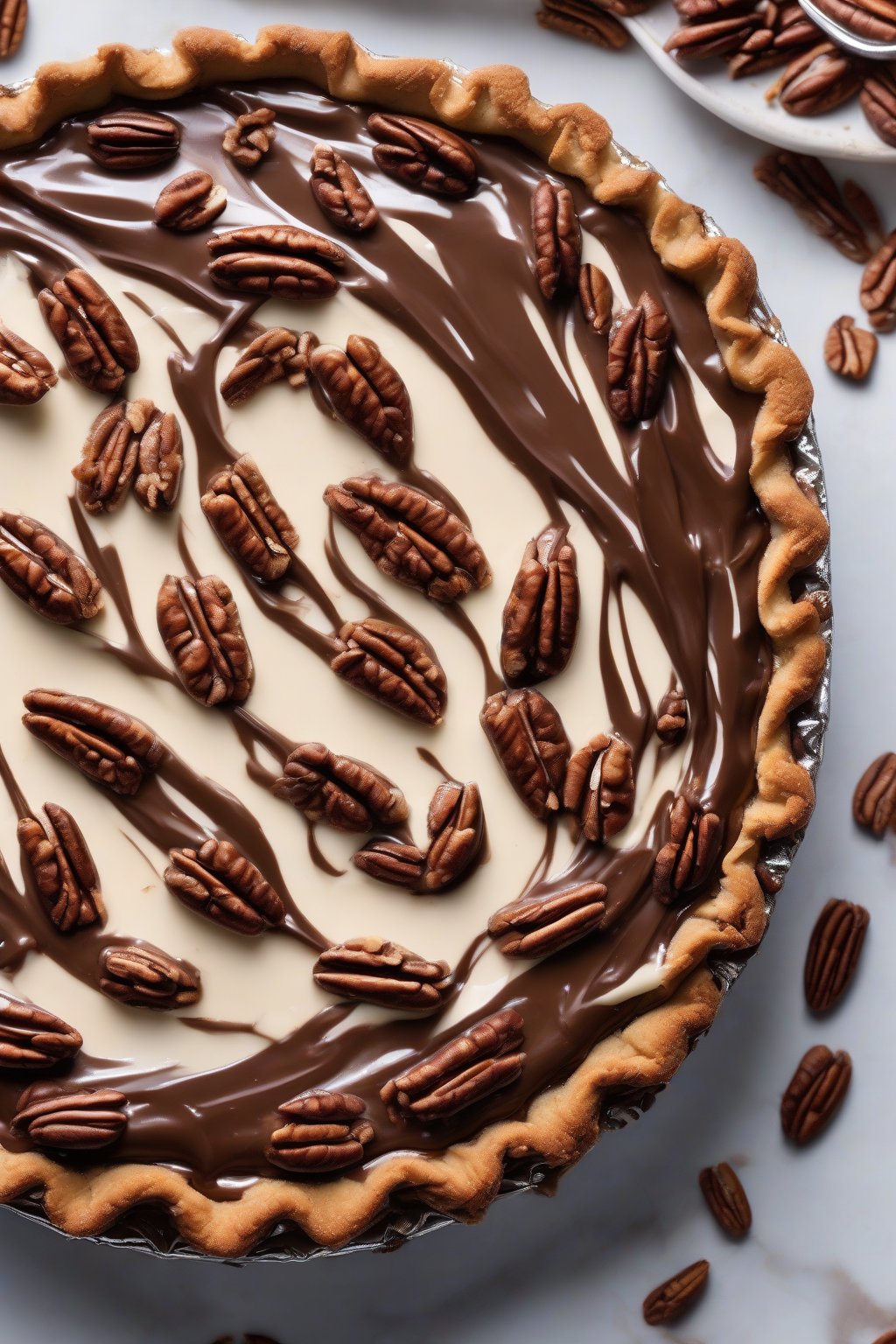 A high-resolution photo of a pecan-studded crust under chocolate silk pie, glossy and crunchy, under soft lighting.