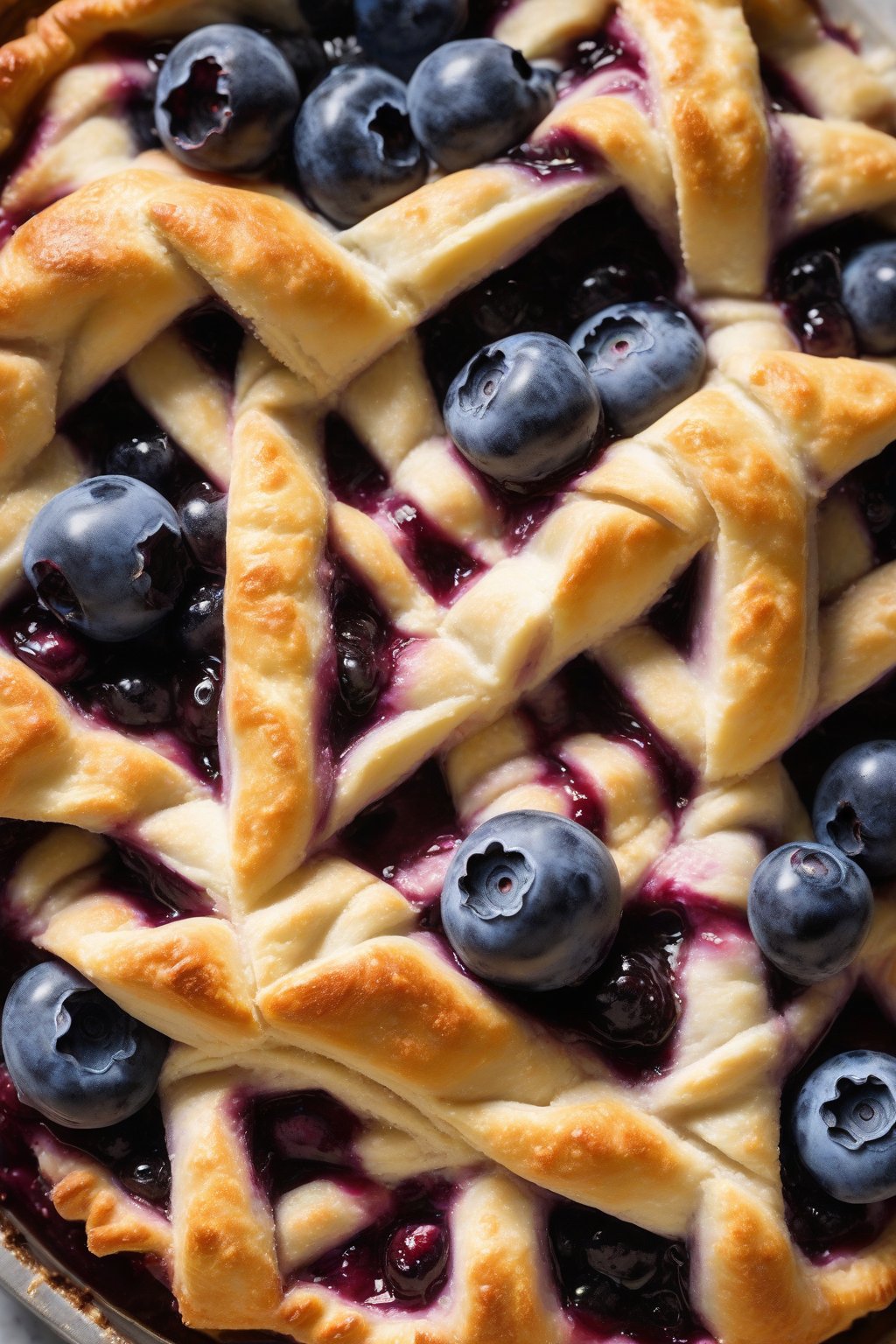 A high-resolution photo of a sour cream pie crust with lattice over blueberries, tender and golden, under soft lighting.