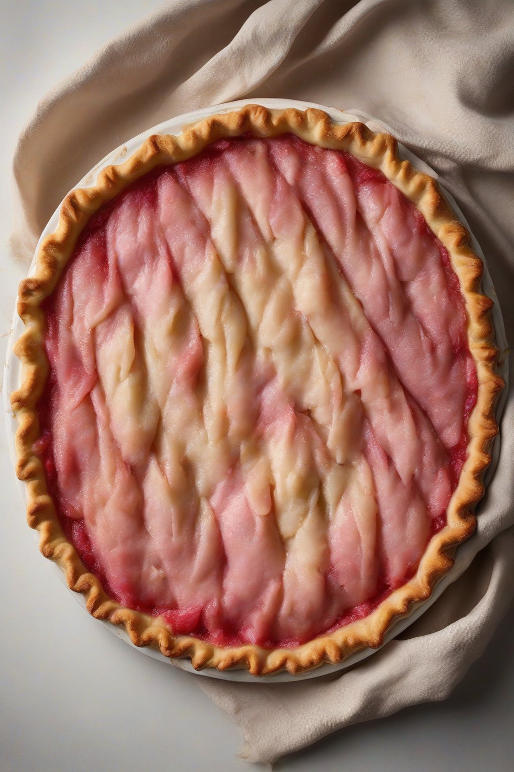 A high-resolution photo of a lard pie crust with rhubarb filling, ultra-flaky layers peeled back, under soft lighting.