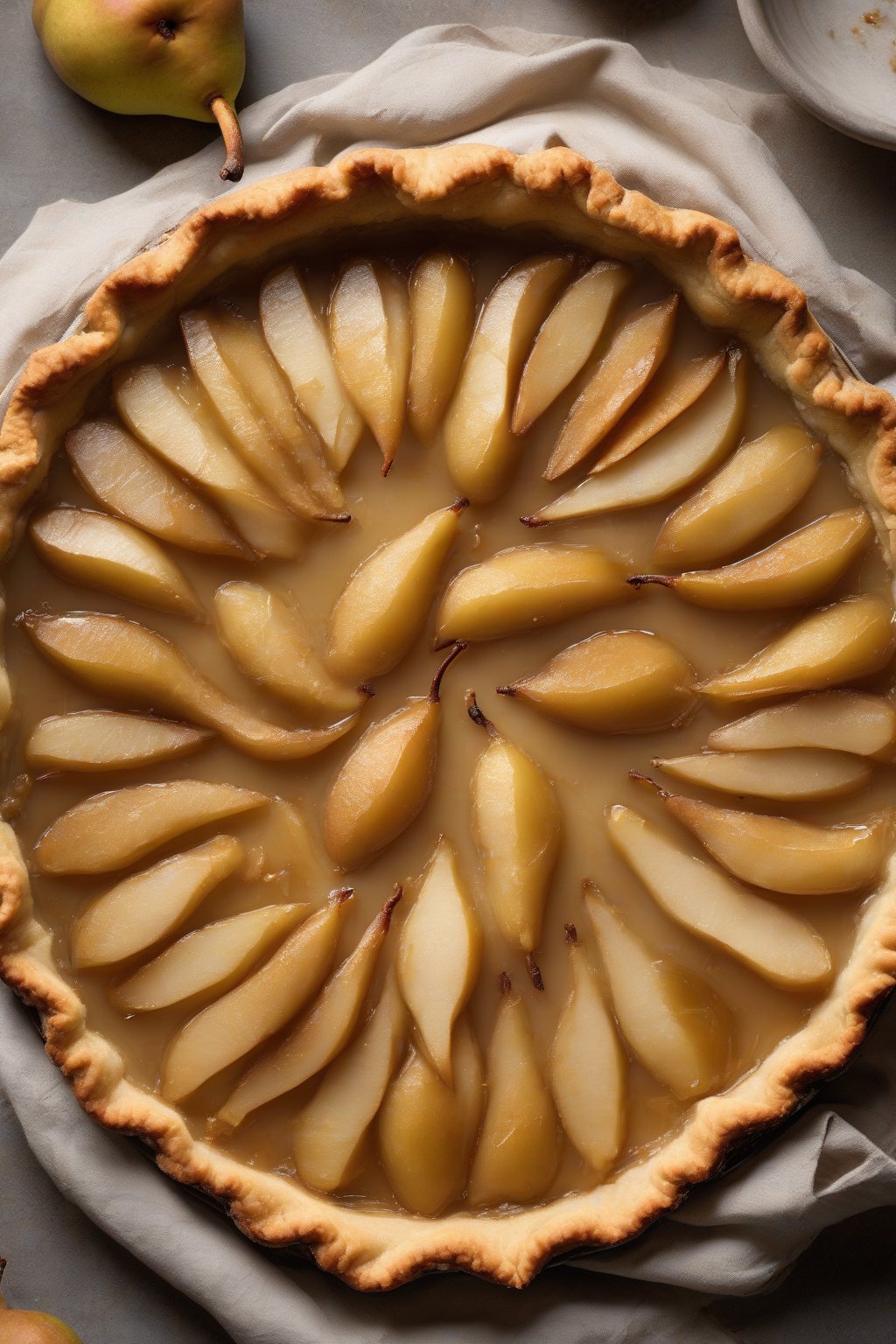 A high-resolution photo of a brown butter pie crust filled with browned pears, edges caramelized, under soft lighting.