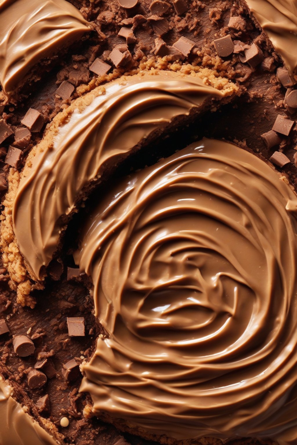 A high-resolution photo of a chocolate cookie crust with peanut butter filling, crumbs cascading, under soft lighting.