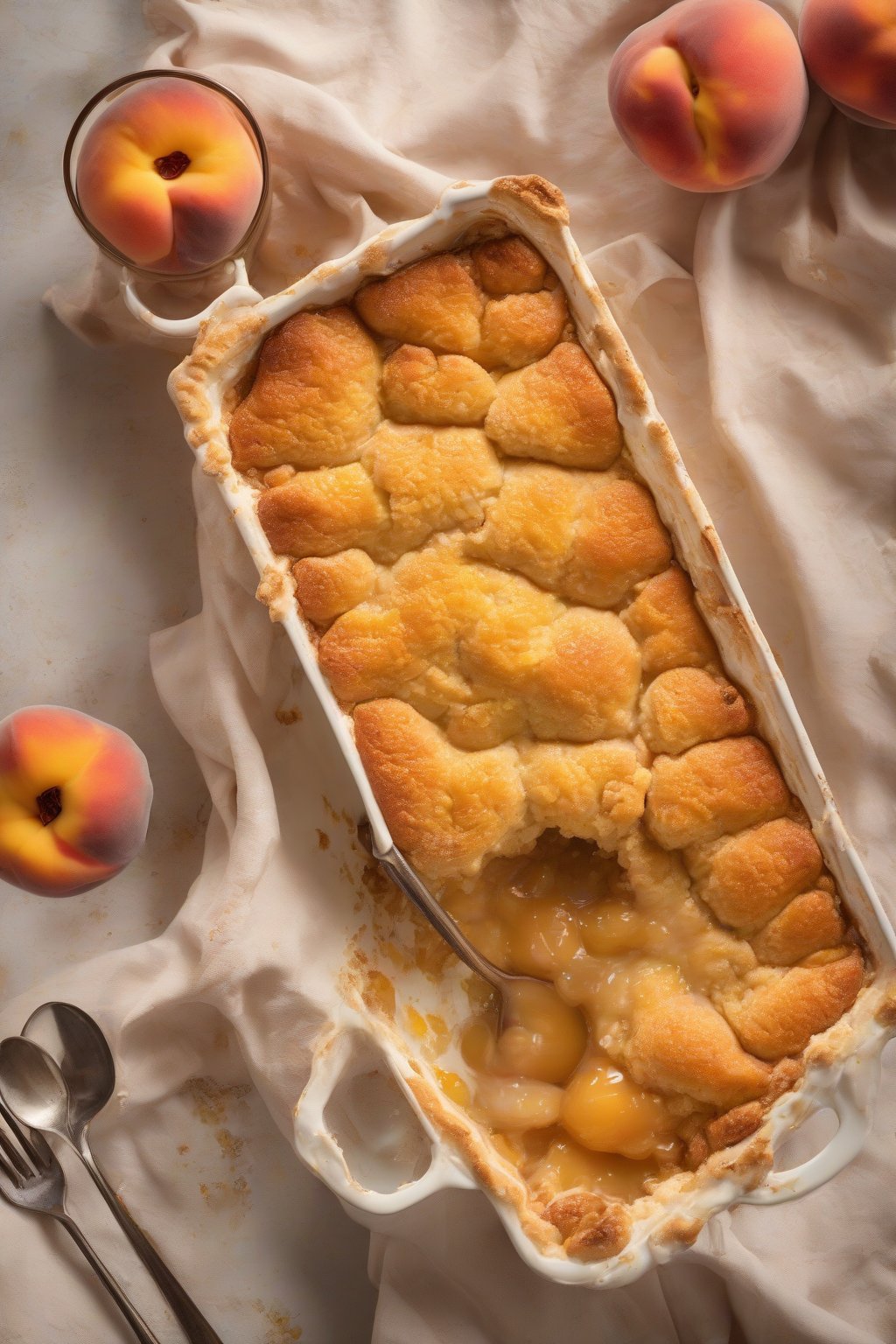 A high-resolution photo of a bubbling classic peach cobbler fresh from the oven, with golden biscuit topping and juicy peach filling, under soft lighting.