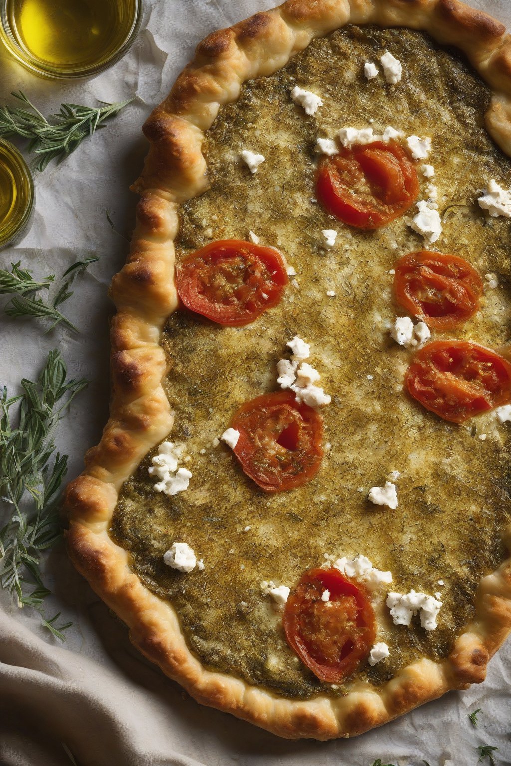 A high-resolution photo of an herbed olive oil crust with tomato and feta filling, rustic and golden, under soft lighting.