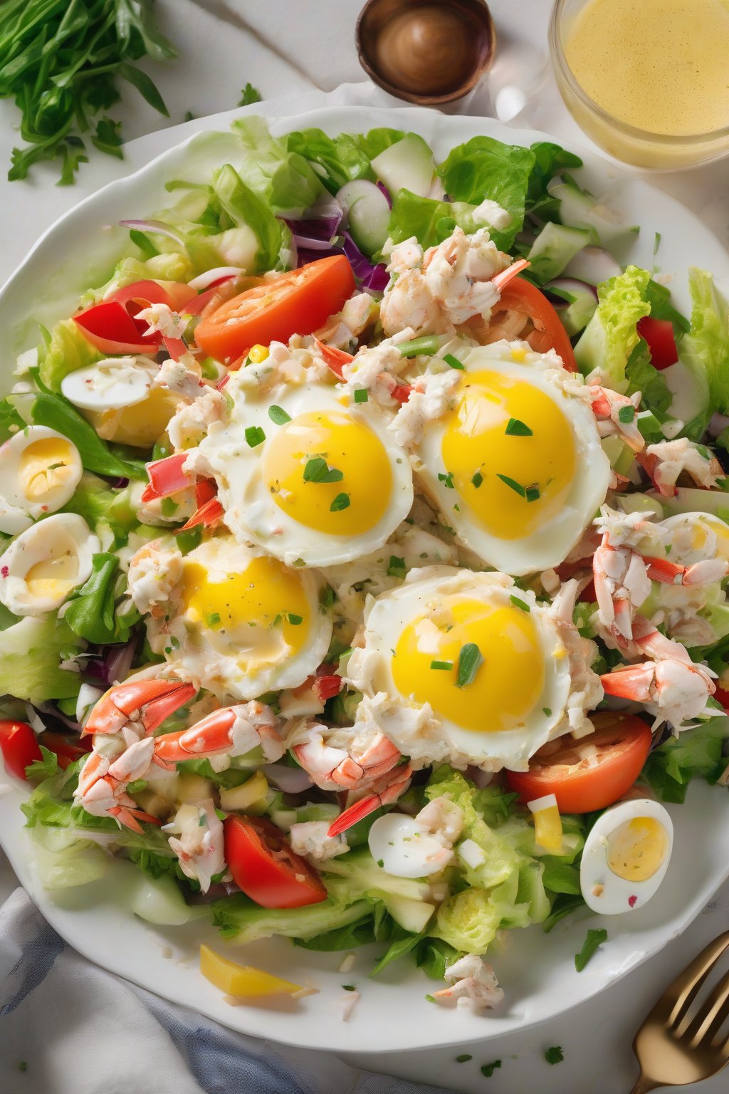 A high-resolution photo of a vibrant Classic Crab Louie Salad piled high with crab, eggs, and colorful veggies on a white plate under soft lighting.
