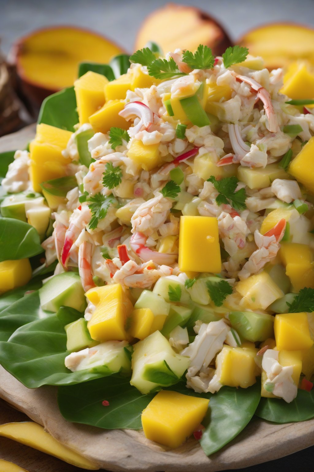 A high-resolution photo of Tropical Crab Salad with golden mango and pineapple chunks atop fresh crab under soft lighting.