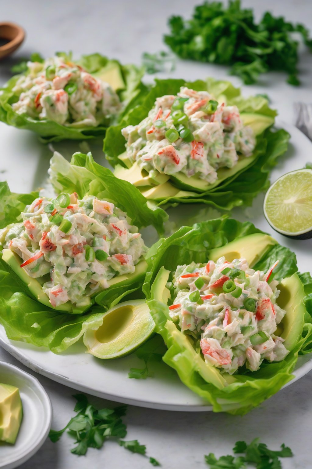 A high-resolution photo of Creamy Avocado Crab Salad scooped into lettuce leaves, garnished with green onions under soft lighting.