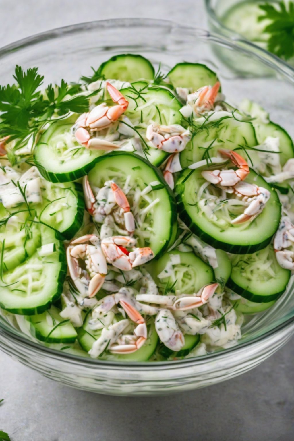 A high-resolution photo of refreshing Cucumber Dill Crab Salad in a glass bowl with thin cucumber slices under soft lighting.