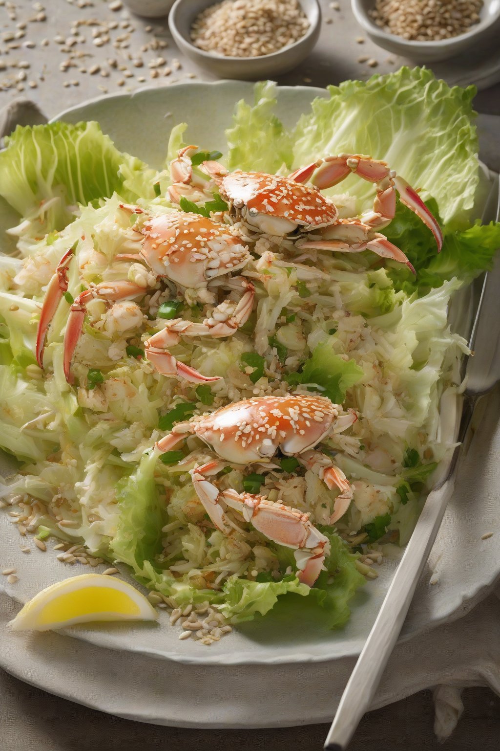 A high-resolution photo of Asian-Inspired Sesame Crab Salad with Napa cabbage and sesame seeds under soft lighting.