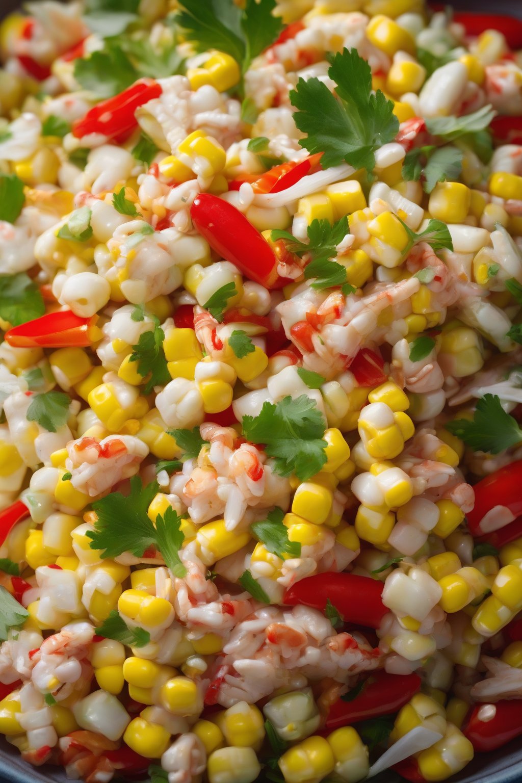 A high-resolution photo of vibrant Sweet Corn and Crab Salad with yellow kernels and red peppers under soft lighting.