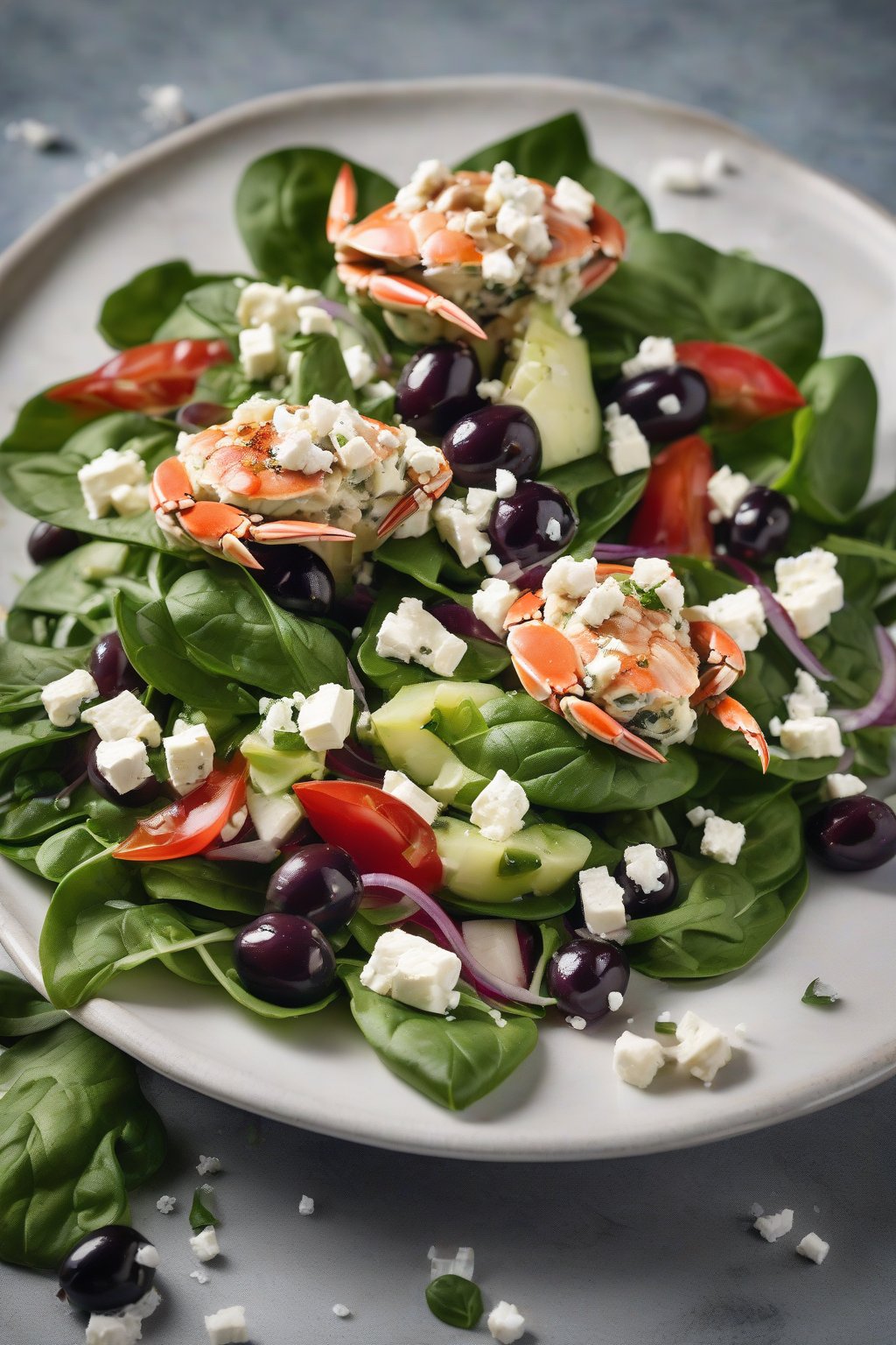 A high-resolution photo of Greek-Style Crab Salad topped with feta and olives on spinach under soft lighting.