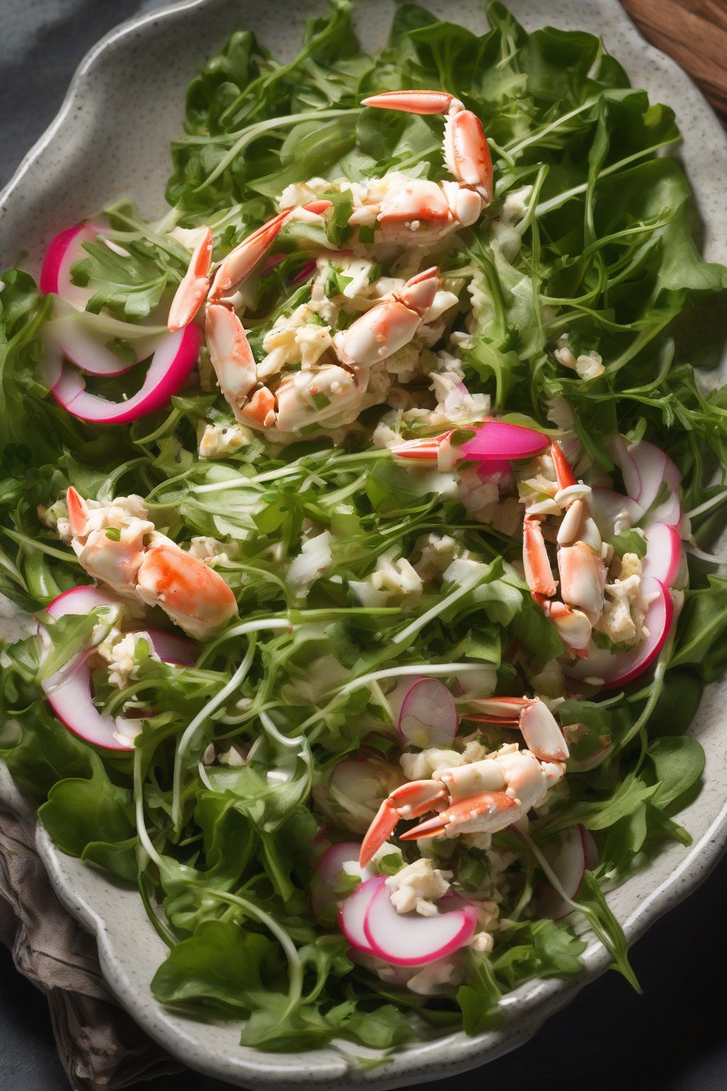 A high-resolution photo of Spicy Jalapeño Crab Salad with green arugula and radish slices under soft lighting.