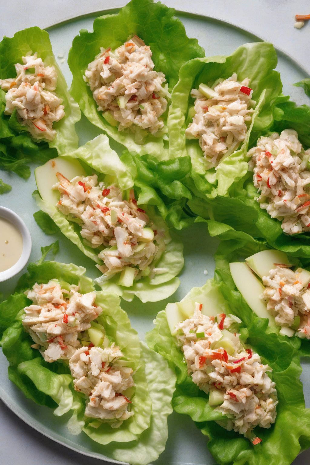 A high-resolution photo of Crab Salad Lettuce Wraps arranged on a platter with apple bits under soft lighting.