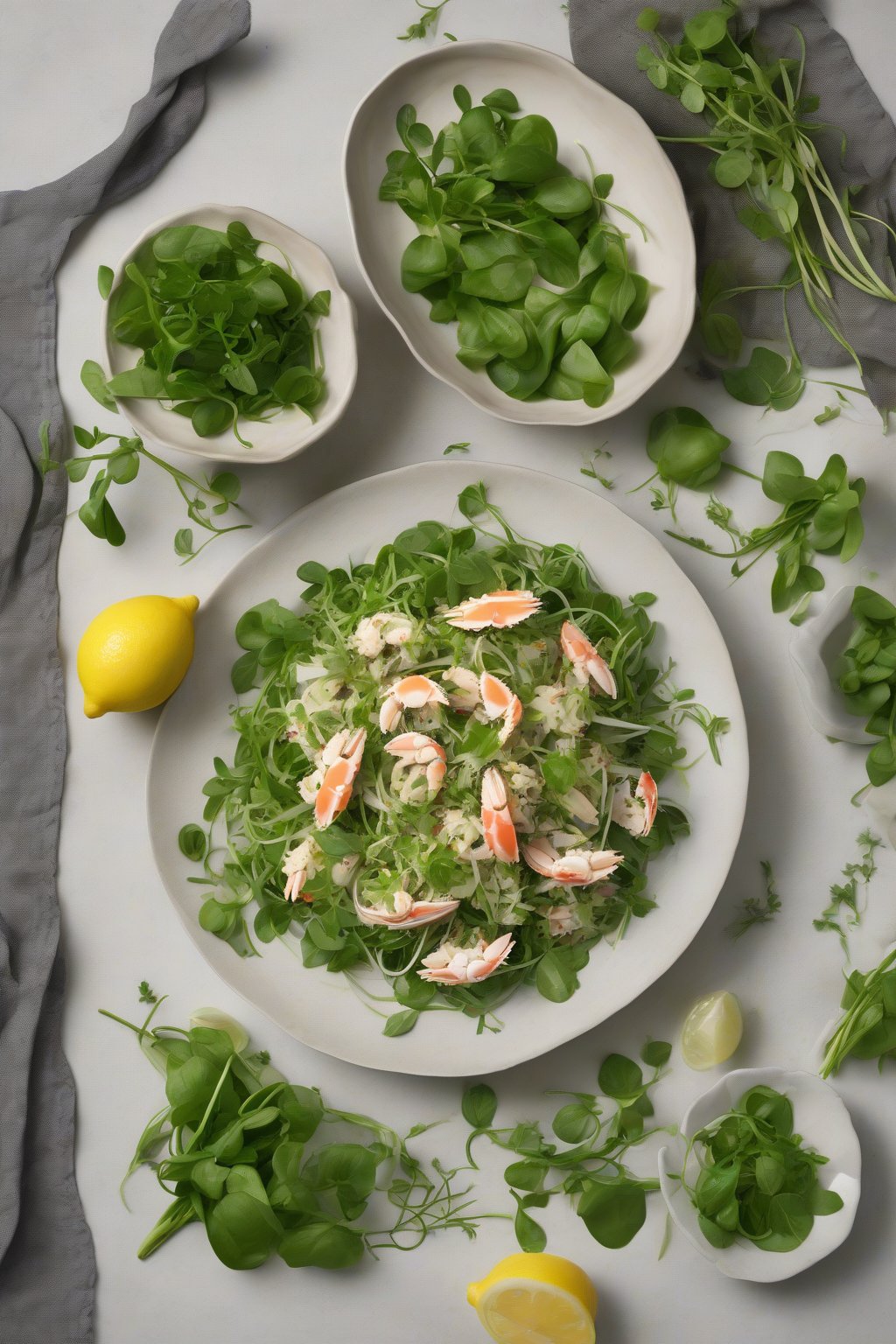 A high-resolution photo of Lemon Herb Crab Salad with bright green herbs on watercress under soft lighting.