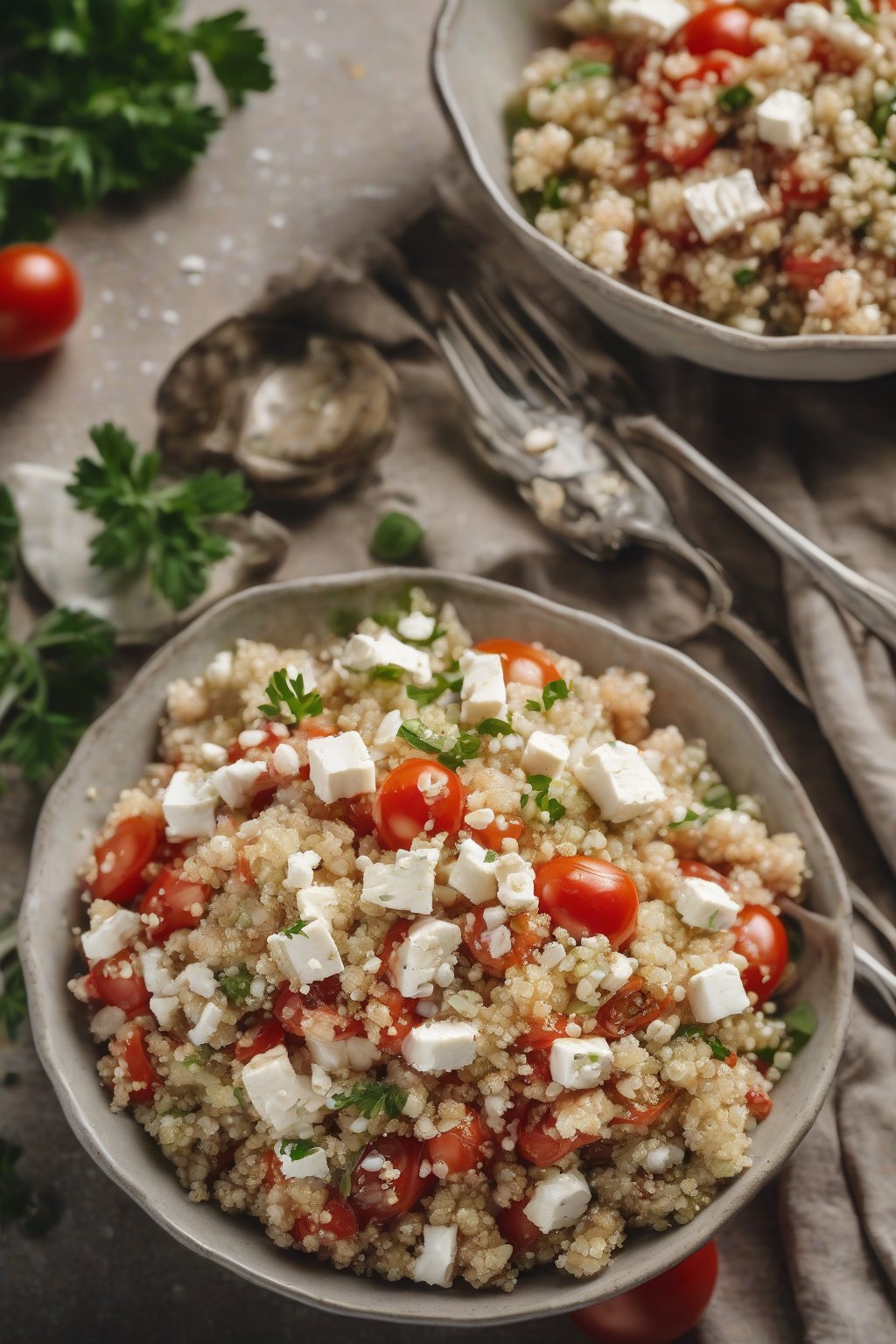 A high-resolution photo of Quinoa Crab Salad with tomatoes and feta in a bowl under soft lighting.