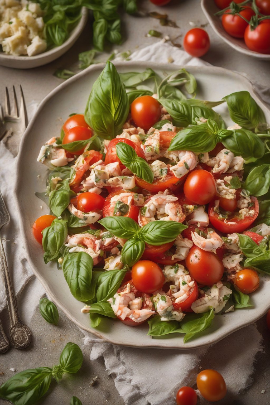 A high-resolution photo of Mediterranean Tomato Basil Crab Salad with juicy tomatoes under soft lighting.