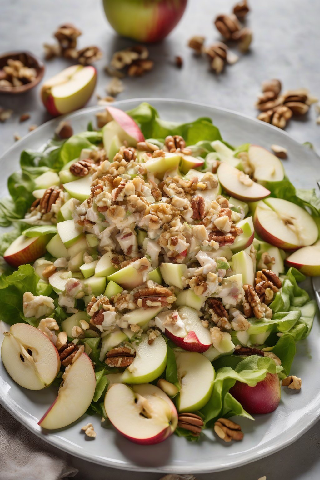 A high-resolution photo of Apple Walnut Crab Salad with crisp apples and nuts under soft lighting.