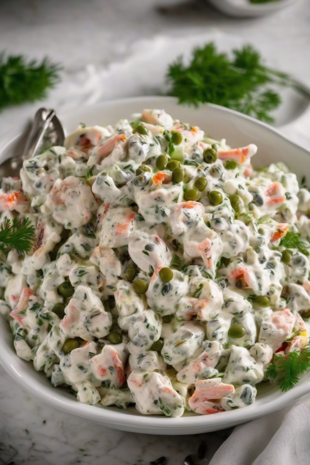 A high-resolution photo of Yogurt-Dill Crab Salad in a white bowl with capers under soft lighting.