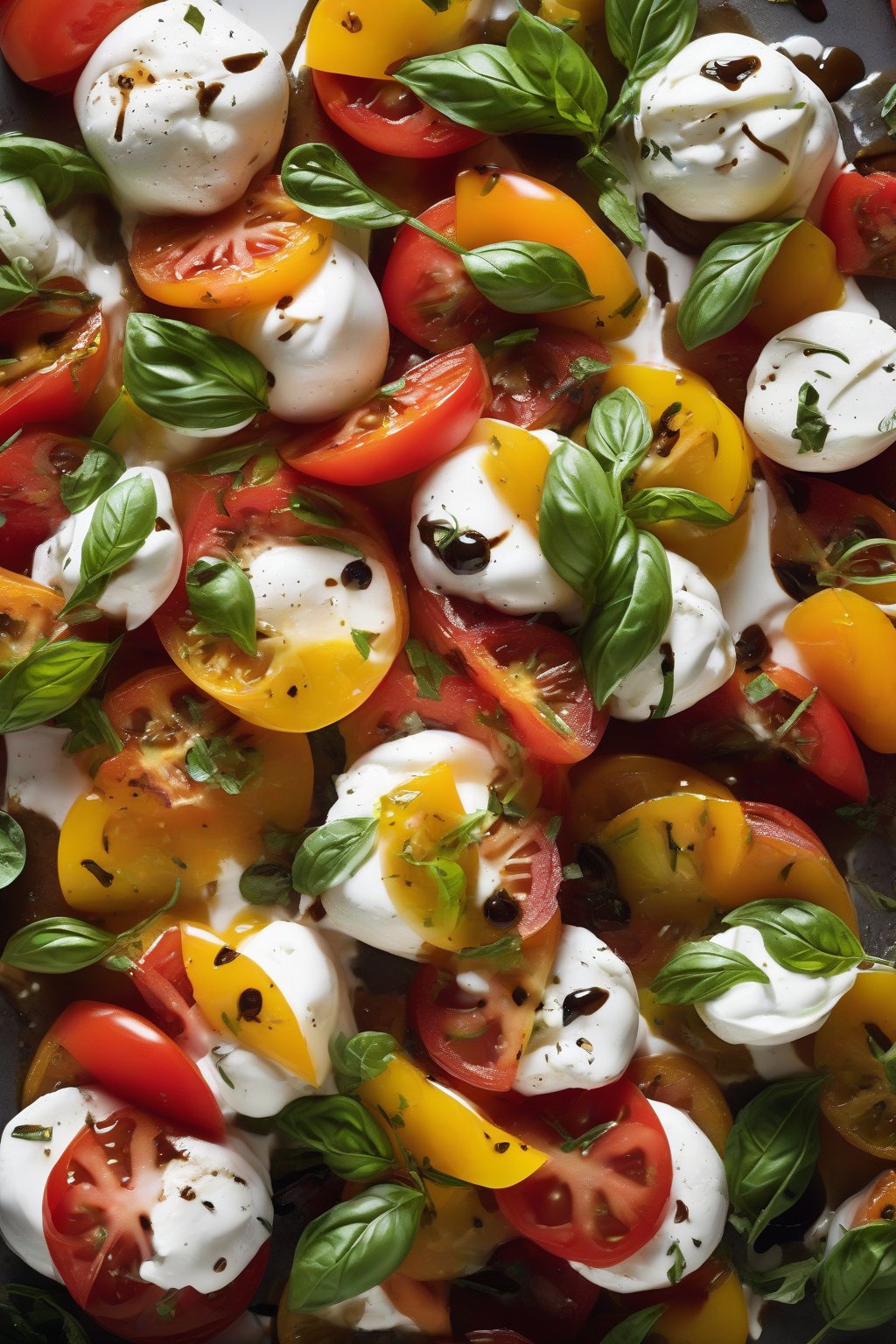 A high-resolution photo of heirloom tomato and burrata caprese salad, with creamy burrata chunks nestled among colorful tomato slices and basil, drizzled with balsamic under soft lighting.