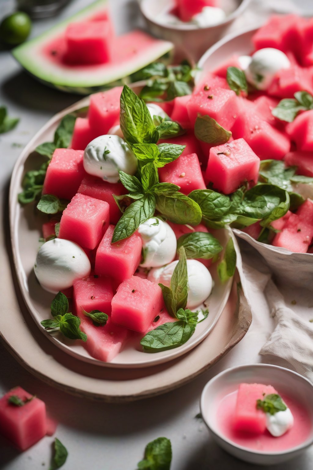 A high-resolution photo of watermelon burrata salad, vibrant pink cubes topped with oozing burrata and mint, glistening with lime-honey dressing under soft lighting.