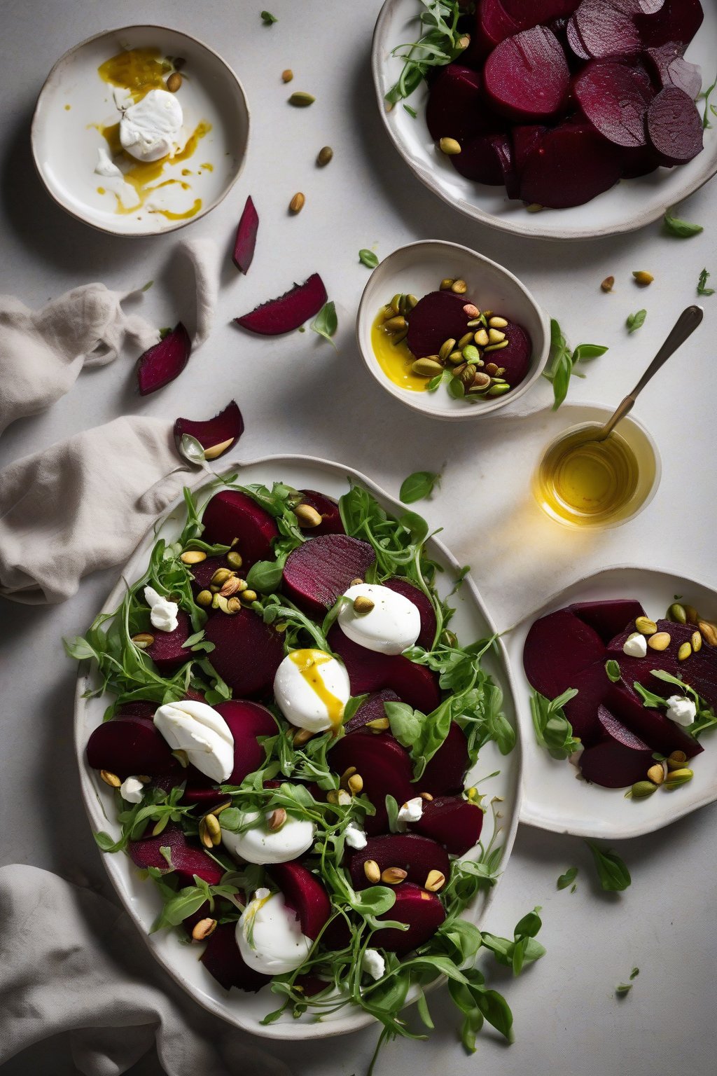 A high-resolution photo of roasted beet and burrata salad, deep red slices beside creamy burrata with green arugula and pistachios under soft lighting.